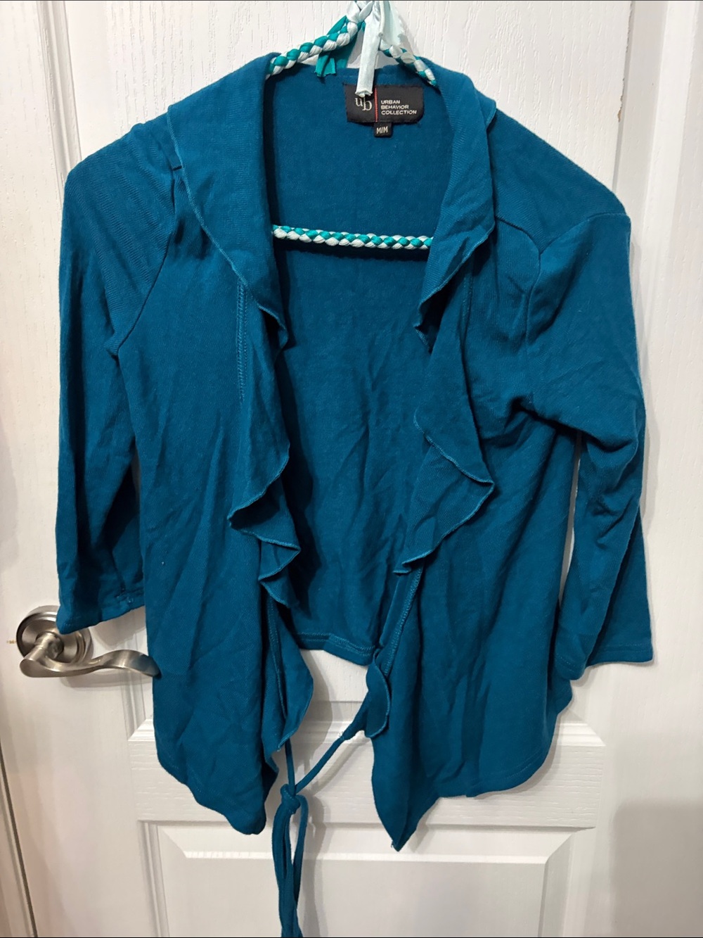 Urban Behavior Teal Ruffle-Front Tie Cardigan
